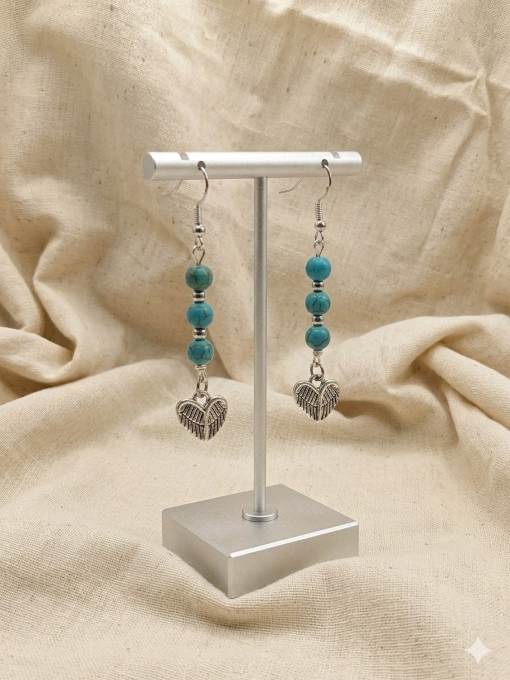 TURQUOISE Howlite Beaded Dangle Earrings with Silver angel wing Heart Charms
